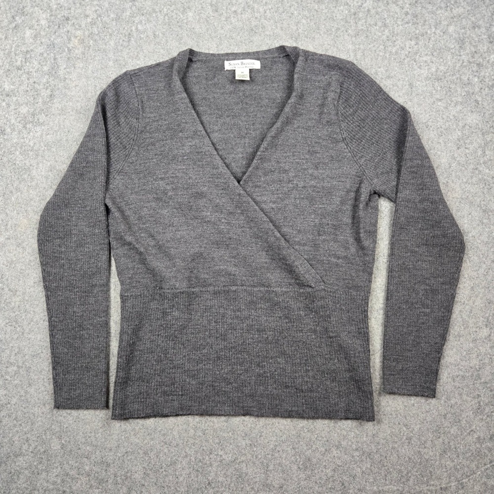 Susan Bristol Sweater‎ Womens Medium Gray 100% Italian Merino Wool Wrap V-Neck